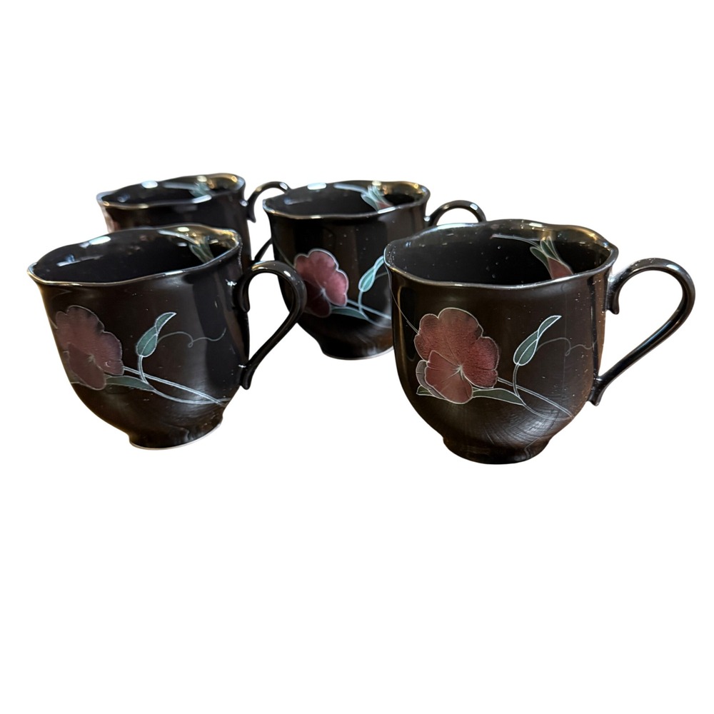 Set‎ 4 Mikasa Rondo Tango EJ 702 Teacup Mug Black Floral Scalloped Japan Vintage